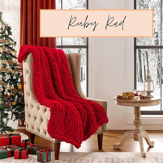Adyrescia Chunky Knit Blanket Throw | 100% Hand Knit with Jumbo Chenille Yarn (50"x60", Ruby Red)