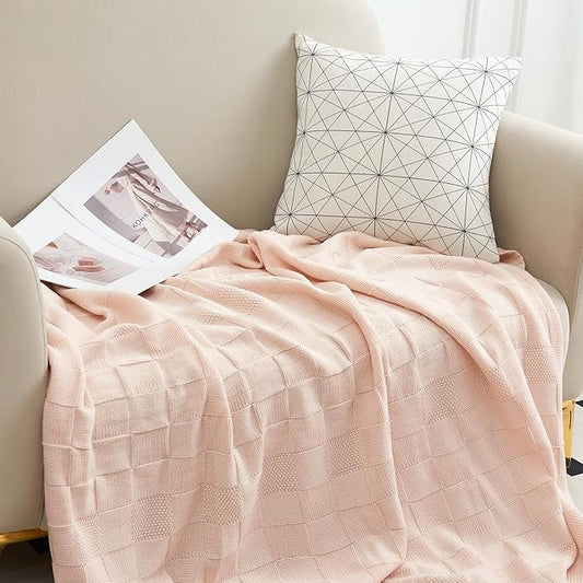 Aganear Knit Throw Blanket for Couch, Checkered Cable Knitted Throw Blanket for All Seasons, Soft Cozy Lightweight Knit Blanket for Bed Office Travel Boho Pink Decor (50"x60", Cream)