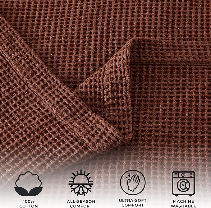100% Cotton Blanket for Full Queen Size Bed - Brown Waffle Weave Lightweight Summer Bed Blanket - 90x90in Prewashed Breathable, Woven, Layering Blanket (Full/Queen, Cacao Brown)
