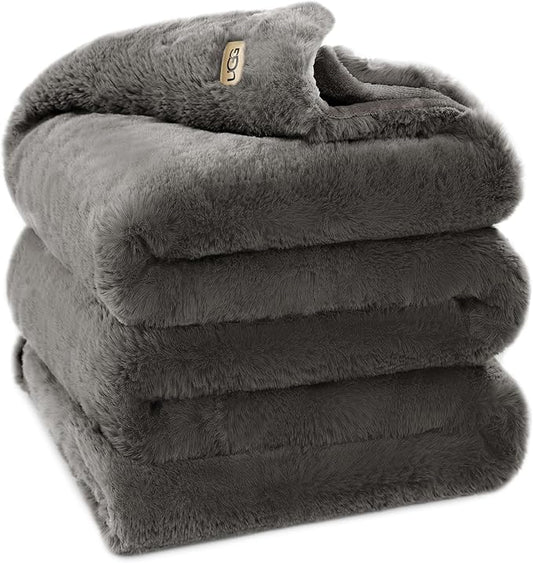 UGG Euphoria Plush Faux Fur Throw Blanket Medium Weight Reversible Luxury Soft Throw for Couch Bed or Chair Hypoallergenic Machine Washable Home Decor Blanket, 50-inch x 70-inch, Charcoal Dark Grey