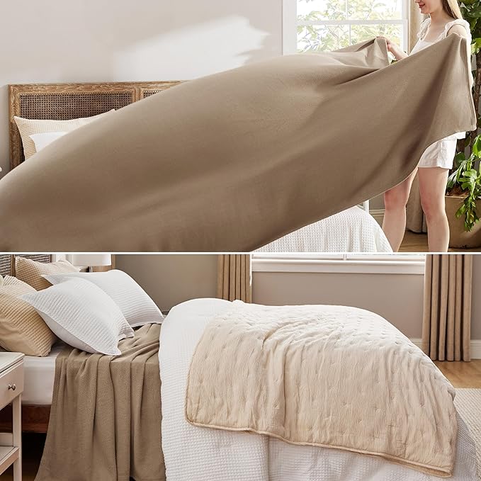 Bedsure 100% Cotton Blanket Queen Size for Bed - Breathable and Lightweight, Soft Cozy Textured Herringbone Woven Blanket for Summer Spring, Tan, 90x90 inches