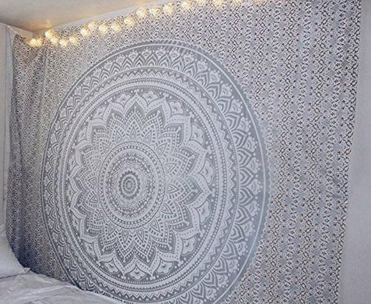 raajsee Glittering Silver Grey Tapestry Wall Hanging Mandala-Bohemian Room Decor-Indian Cotton Throw Hippie Tapestries -Queen bedspread 82x92 inches