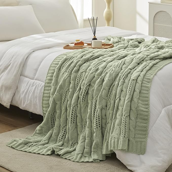 Amélie Home Chunky Knit Chenille Throw Blanket, Breathable Cable Knitted Blanket for Couch, Farmhouse Decorative Throw for Sofa Chair Bed, 60"x80", Sage Green