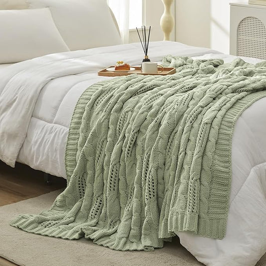 Amélie Home Chunky Knit Chenille Throw Blanket, Breathable Cable Knitted Blanket for Couch, Farmhouse Decorative Throw for Sofa Chair Bed, 60"x80", Sage Green
