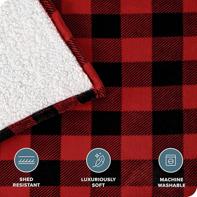 Bare Home Sherpa Fleece Blanket - King Size - Blanket for Bed, Sofa, and Couch - Warm & Lightweight - Fluffy & Soft - Reversible (King, Buffalo Plaid - Red/Black)