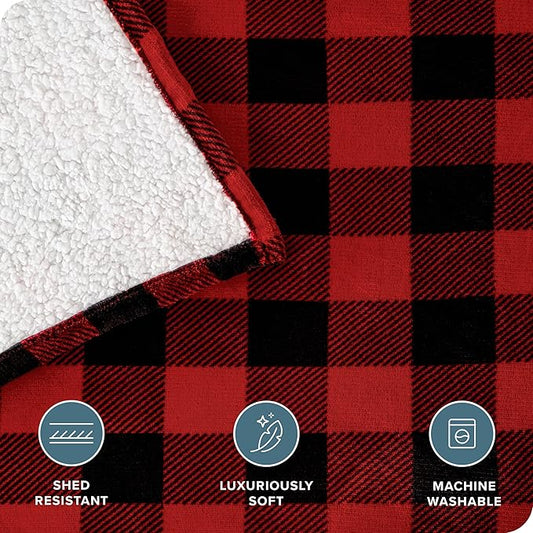 Bare Home Sherpa Fleece Blanket - King Size - Blanket for Bed, Sofa, and Couch - Warm & Lightweight - Fluffy & Soft - Reversible (King, Buffalo Plaid - Red/Black)