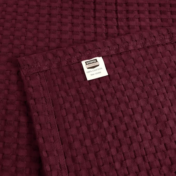Utopia Bedding Burgundy 100% Cotton Waffle Blanket 300 GSM [Queen - 90x90 Inch] Soft Lightweight Breathable Bed Blanket for All Season
