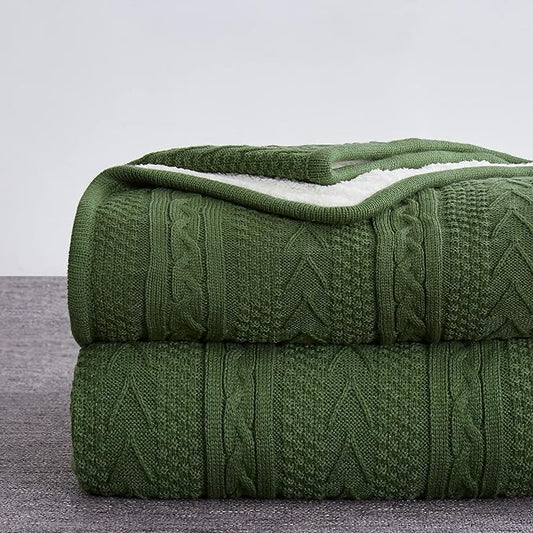 Longhui bedding Olive Green Acrylic Cable Knit Sherpa Throw Blanket - Thick, Soft, Big, Cozy Knitted Fleece Blankets for Couch, Sofa, Bed - Large 60 x 80 Inches Coverlet All Season