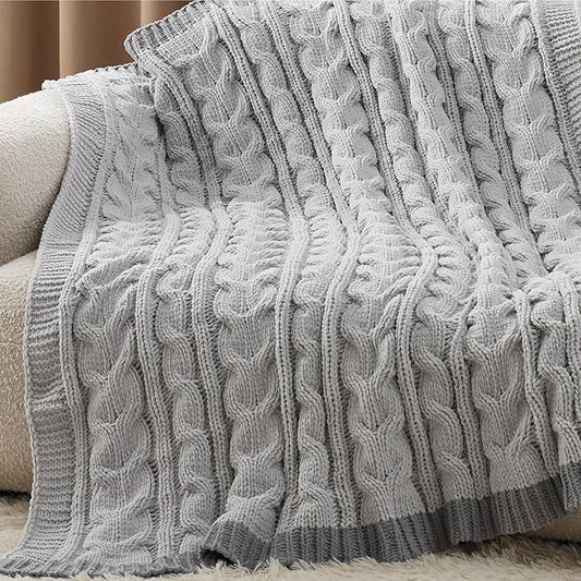 Bedsure Cable Knit Throw Blanket for Couch Bed - Chenille Chunky Knit Throw Blanket for Summer and All Seasons, Soft Cozy and Warm, Grey, 50x60 Inches