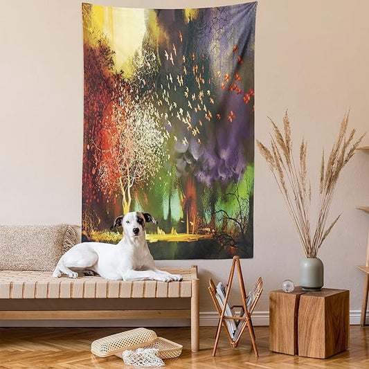 Ambesonne Fantasy Tapestry, Forest with Mysterious Trees and Birds Supernatural Vivid Wonder World, Fabric Wall Hanging Decor for Bedroom Living Room Dorm, 30" X 45", Yellow Purple