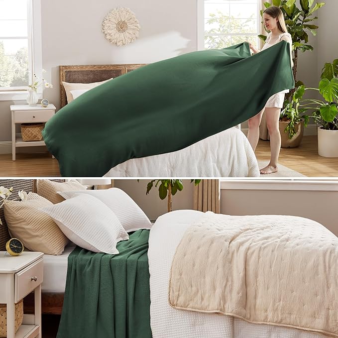 Bedsure 100% Cotton Blanket Queen Size for Bed - Breathable and Lightweight, Soft Cozy Textured Herringbone Woven Blanket for Summer Spring, Dark Green, 90x90 inches