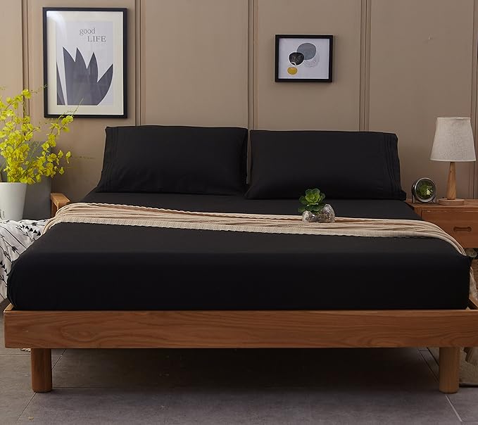SONORO KATE Bed Sheet Set Super Soft Microfiber 1800 Thread Count Luxury Egyptian Sheets 18-Inch Deep Pocket Wrinkle and Hypoallergenic-4 Piece(Full Black)
