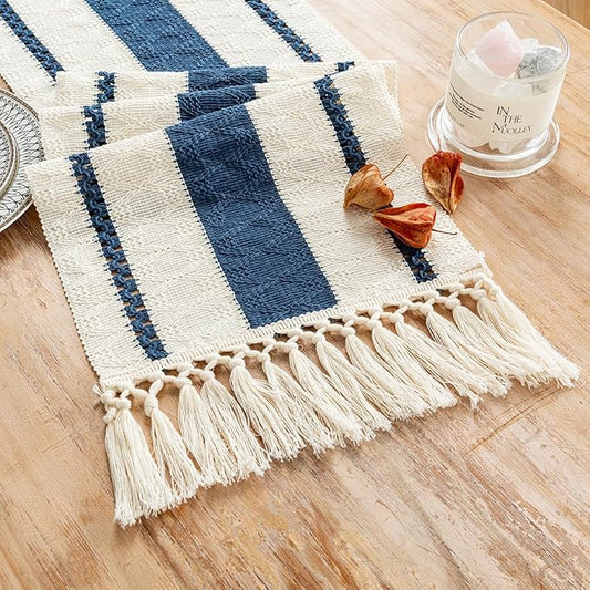 Fancy Homi Dusty Blue Table Runner 60 Inches Long Boho Macrame Table Runner for Home Decor, Farmhouse Table Runners with Tassels for Party Bohemian Rustic Bridal Shower Dining Decor 12x60 Inches