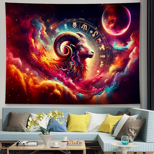 Aries Tapestry Wall Hanging Zodiac Sign Decoration Aesthetic for Bedroom Living Room Dormitory Suitable for Teen Boy and Girl Who Like Astrology 59x51 Inches