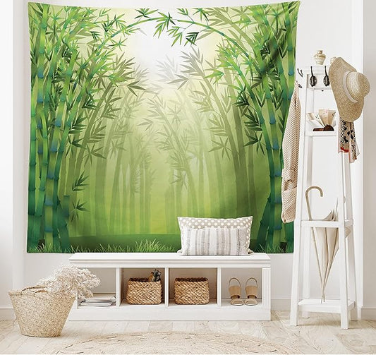 Ambesonne Bamboo Print Tapestry King Size, Image of Bamboo Trees in Rain Forest Far Eastern Wildlife Tropical Nature Inspired, Wall Hanging Bedspread Bed Cover Wall Decor, 104" X 88", Green and White