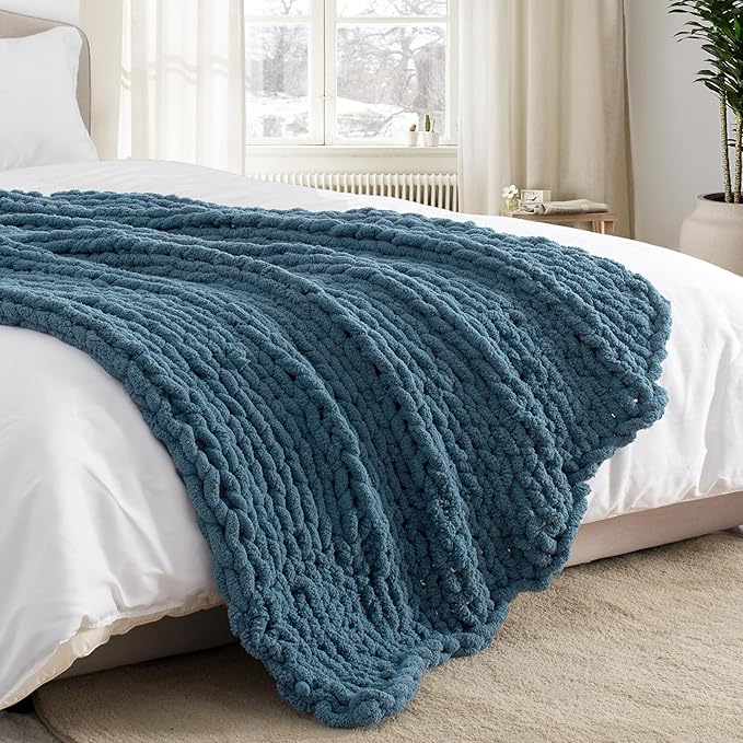 Chunky Knit Throw Blanket 50"X 60", 100% Handmade with Soft Chenille Yarn, 4.4lbs Thick Cable Knitted Blankets, Large Rope Knot Crochet Throws for Couch Sofa Bed Home Decor, Mineral Blue