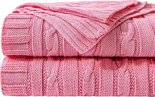 NTBAY 100% Pure Cotton Cable Knit Throw Blanket, Super Soft Warm 51x67 Knitted Throw Blanket for Couch, Sofa, Chair, Bed - Extra Cozy, Machine Washable, Comfortable Home Decor, Pink