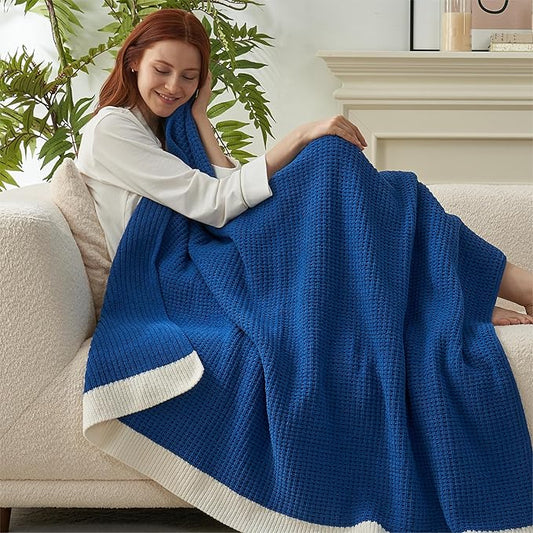 Amélie Home Chenille Waffle Throw Blanket for Couch, Reversible Soft Cozy Knit Blanket Lightweight Warm Decorative Throw for Sofa, Bed, Living Room, 50"x60", Indigo