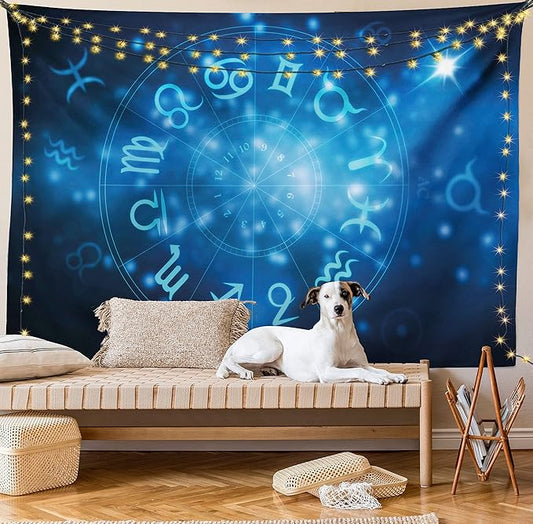 Ambesonne Astrology Tapestry King Size, Abstract Horoscope Wheel with Signs Aquarius Lion Taurus Libra, Wall Hanging Bedspread Bed Cover Wall Decor, King Size, Navy Blue Sky Blue