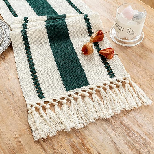 Fancy Homi Hunter Green Table Runner 72 Inches Long Boho Macrame Table Runner for Home Decor, Dark Green Table Runners with Tassels for Party Bohemian Rustic Bridal Shower Dining Decor 12x72 Inches