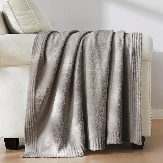 R.SHARE Grey Throw Blanket 50x70 Inch Reversible, Feather Knit Microfiber Soft Comfy Cozy Lightweight Fluffy Fuzzy Warm Cute for Couch Sofa Chair Bed Home