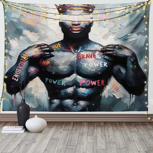 Ambesonne Artwork Tapestry, Oil Painting Effect Print of a Black Man with Crown Brave Power, Wide Wall Hanging for Bedroom Living Room Dorm, 80" X 60", Dark Blue Grey and Multicolor