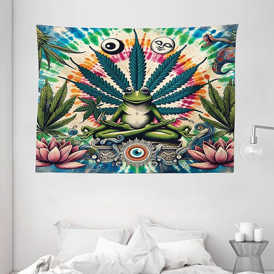 Ambesonne Trippy Tapestry, Jumble Composition of Frog Featuring Tie Dye Effect Esoteric Floral Eyes, Wide Wall Hanging for Bedroom Living Room Dorm, 80" X 60", Multicolor Fern Green