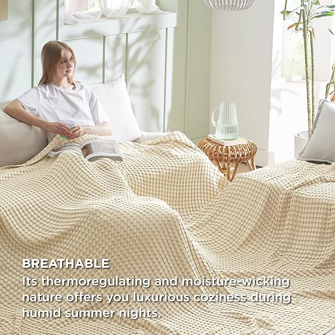 Bedsure Cooling Cotton Waffle Oversized King Blanket - Lightweight Breathable Blankets Rayon Derived from Bamboo for Hot Sleepers, Luxury Throws for Bed and Sofa, Beige, 120x96 Inches