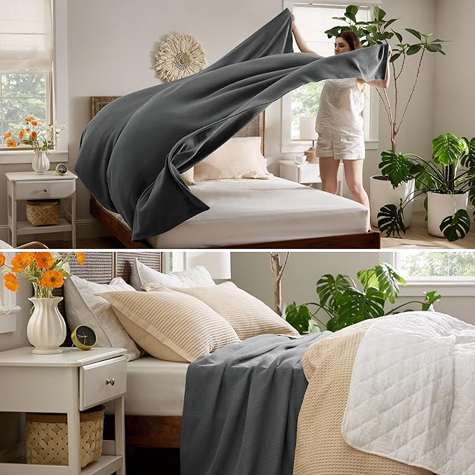 Bedsure 100% Cotton Blanket Queen Size for Bed - Breathable and Lightweight, Soft Cozy Textured Herringbone Woven Blanket for Summer, Dark Grey, 90x90 inches