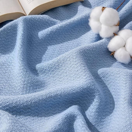 Bedsure 100% Cotton Large Throw Blanket for Couch 50x70 inches - Breathable and Lightweight, Soft Cozy Herringbone Woven Cotton Throw for Summer, Ashley Blue Office Chair Blanket