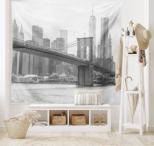 Ambesonne Landscape Tapestry, Photo of Brooklyn Bridge over East River and Tall Buildings Skylines at the Back, Wide Wall Hanging for Bedroom Living Room Dorm, 60" X 40", Purple Green