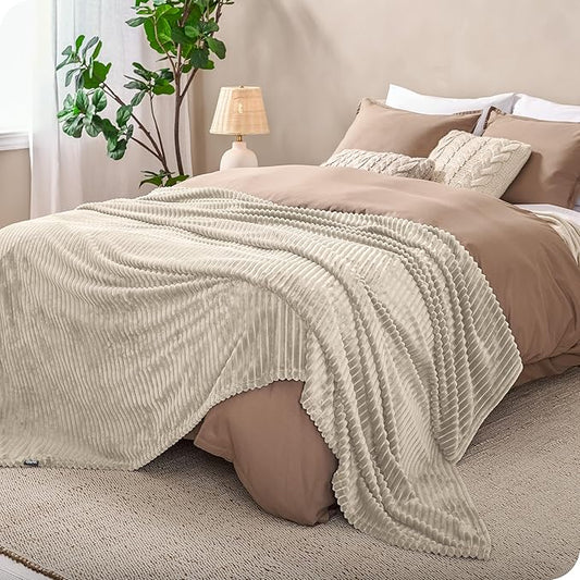 Bare Home Textured Fleece Microplush Blanket - Lightweight Throw for Bed, Sofa, Couch, Camping, and Travel - Ultra Soft Warm Blanket (Throw, Ribbed Oyster)