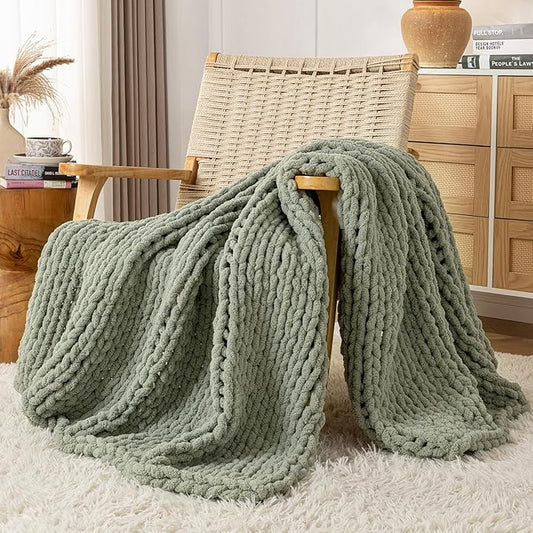 Chunky Knit Blanket Throw, 100% Hand Knit Throw Blanket Handmade Chenille Cable Knit Throw for Couch, Stylish Cozy Soft Rope Knot Crochet Blanket for Home Decor, Sage Green, 60x80 Inches