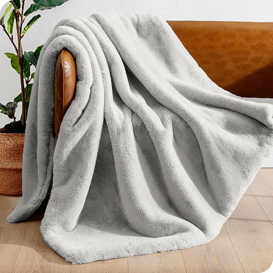 Bare Home Faux Fur Blanket - Ultra-Soft Luxurious - Cozy Warm Blanket for Couch, Sofa, Chair, Bed - Fuzzy Fluffy Super Soft - Decorative Bed Blanket, 60x47 inches (Throw, Silver)