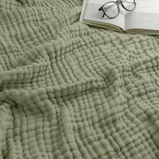 Comfy Cubs Muslin Throw Blanket - 50” x 60” Quilted Design - Lightweight, Breathable 6-Layer Gauze Fabric - Soft Cotton Blanket for Home or Travel - Packaged in Elegant Gift Box - Sage