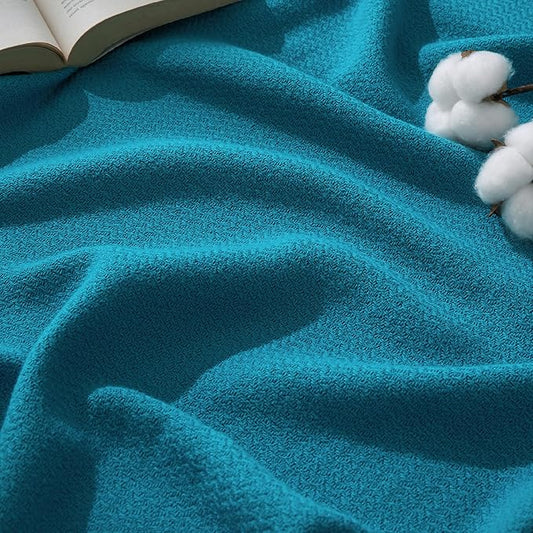 Bedsure 100% Cotton Blanket Queen Size for Bed - Breathable and Lightweight, Soft Cozy Textured Herringbone Woven Blanket for Summer Spring, Teal, 90x90 inches