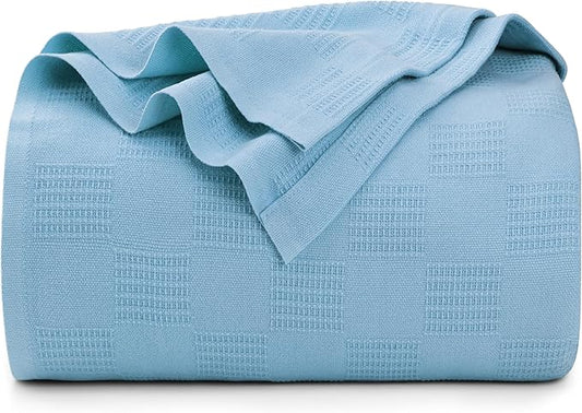 Utopia Bedding Sky Blue 100% Cotton Blanket [Queen Size - 90x90 Inch] 350GSM Lightweight, Soft and Breathable Thermal Blanket for All Seasons