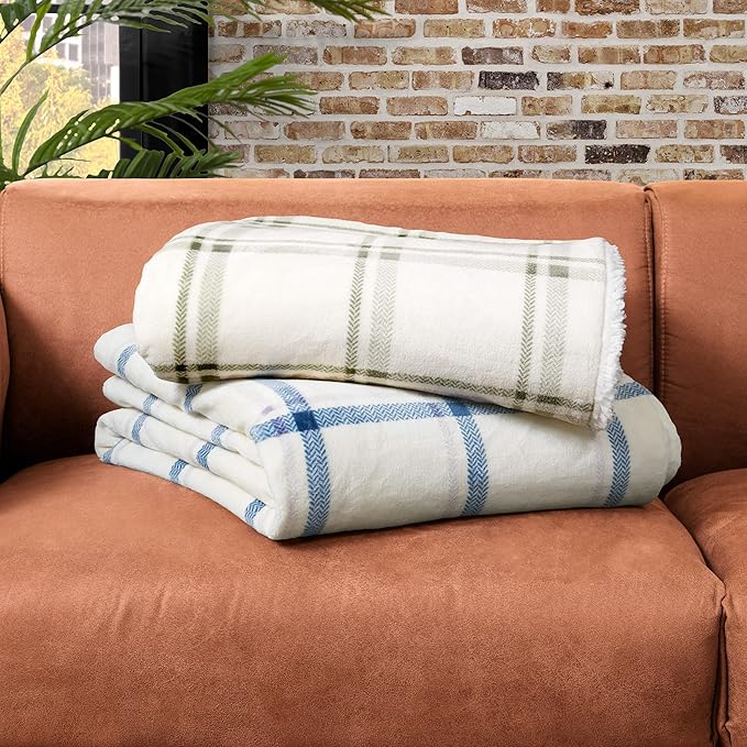 Lucky Brand Sherpa Plaid Olive/Sage 50"X70" Cozy Plush Blanket - Premium Microfiber Throw for Luxurious Comfort and Style
