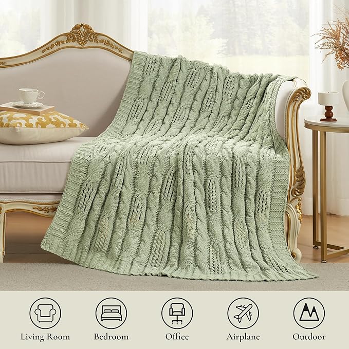 Amélie Home Chunky Knit Chenille Throw Blanket, Breathable Cable Knitted Blanket for Couch, Farmhouse Decorative Throw for Sofa Chair Bed, 60"x80", Sage Green