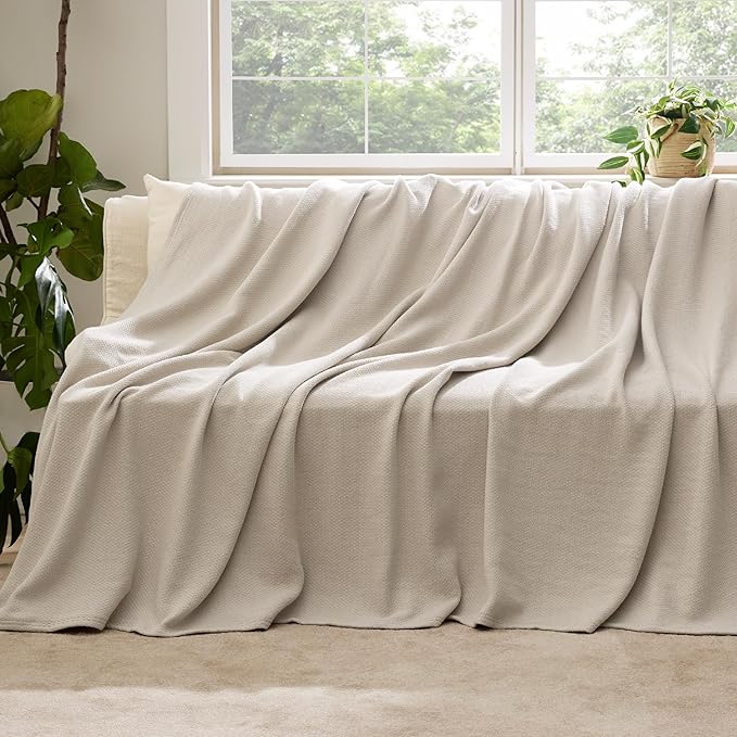 Bedsure 100% Cotton Blanket Twin XL Size for Bed - Breathable and Lightweight, Soft Cozy Textured Herringbone Woven Blanket for Summer Spring, Linen Beige, 66x90 inches