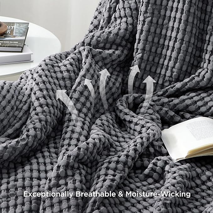 Bedsure Cooling Cotton Waffle Queen Size Blanket - Lightweight Breathable Summer Blanket of Rayon Derived from Bamboo for Hot Sleepers, Luxury Throws for Bed, Couch and Sofa, Dark Grey, 90x90 Inches