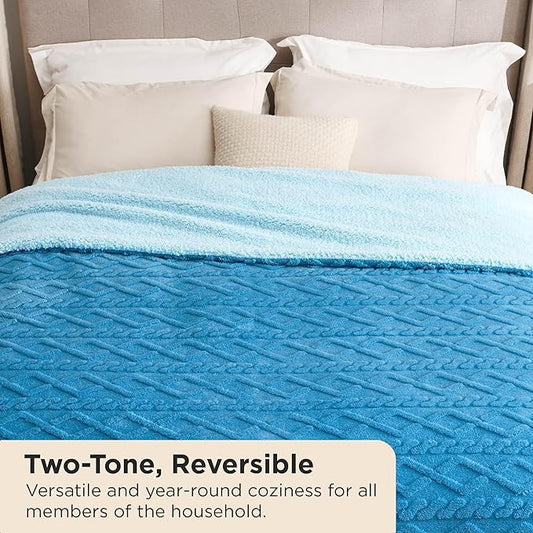 Bedsure Sherpa King Size Blanket for Bed- Fleece Soft Cozy Fuzzy Cable Blankets for Women, Thick Warm for Winter and All Seasons, Horizon Blue 108x90 Inches