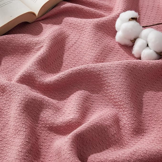 Bedsure 100% Cotton Blanket Queen Size for Bed - Breathable and Lightweight, Soft Cozy Textured Herringbone Woven Blanket for Summer Spring, Pink, 90x90 inches
