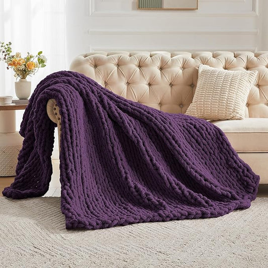 Carriediosa Chunky Knit Throw Blanket 50" X 60", 100% Hand Made Large Chenille Loop Yarn Soft Fluffy Throws for Couch Sofa Bed, Big Crochet Cozy Heavy Thick Cable Woven Blanket, Dark Purple