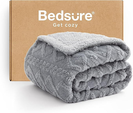 Bedsure Sherpa Fleece Throw Blanket for Couch - Fuzzy Soft Cozy Cable Throw for Women, Thick Warm Blanket for Winter, Grey, 50x60 Inches