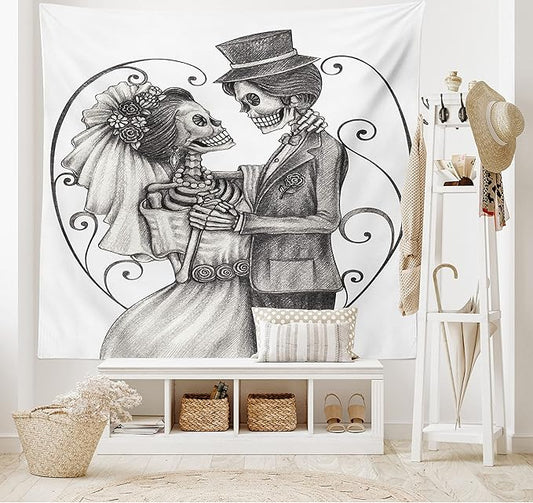 Ambesonne Day of the Dead Tapestry, Love Skull Skeleton Marriage Eternal Love Theme Spanish Art, Wide Wall Hanging for Bedroom Living Room Dorm, 60" X 40", Dimgrey White