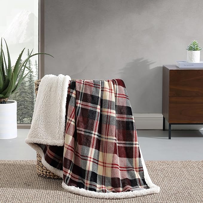 Eddie Bauer - Blanket, Super Soft Reversible Sherpa & Brushed Fleece Bedding, Throw Blankets for Couch, Ideal for Lounging (Trailhead Plaid Red)