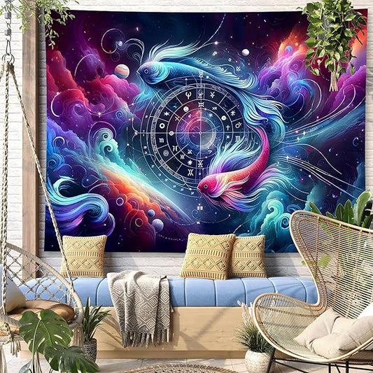 Pisces Tapestry Wall Hanging Zodiac Sign Decoration Aesthetic for Bedroom Living Room Dormitory Suitable for Teen Boy and Girl Who Like Astrology 59x51 Inches