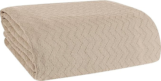 BELIZZI Home 100% Cotton Bed Blanket, Breathable Thermal Blanket Twin Size, Soft Chevron Thermal Blanket 60"x90", Cotton Bed Blanket, Perfect for Layering Any Bed for All Season, Beige