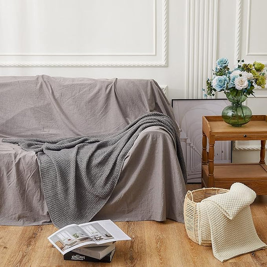 Longhui bedding Grey Knitted Throw Blanket for Couch, Soft, Cozy Machine Washable 100% Cotton Sofa Cable Knit Blankets, 4.0lb Weight, 60 x 80 Inches Oversized, Grey White Color